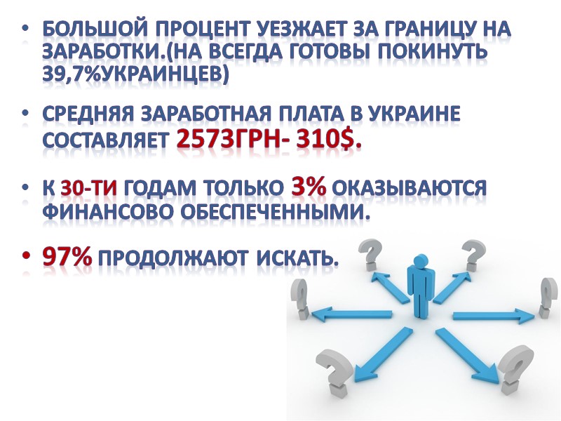 Большой процент уезжает за границу на заработки.(на всегда готовы покинуть 39,7%украинцев)  Средняя заработная